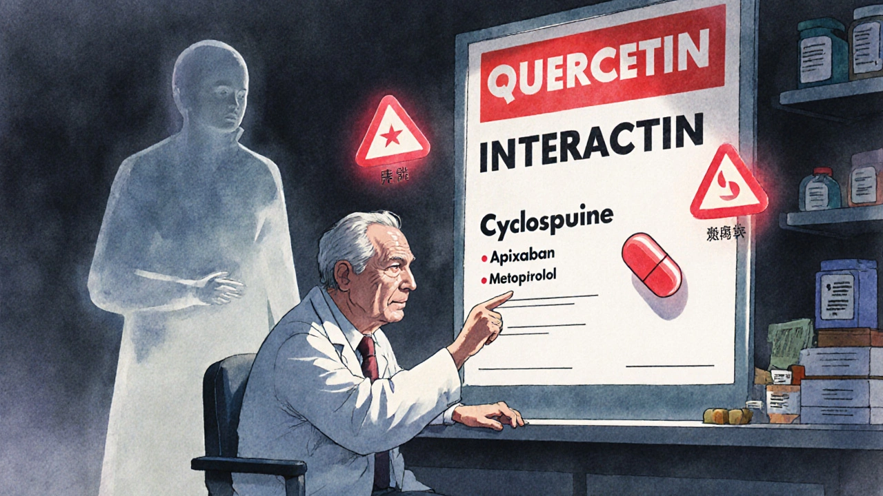 An elderly man in a pharmacy being warned by a pharmacist about dangerous drug interactions with quercetin.