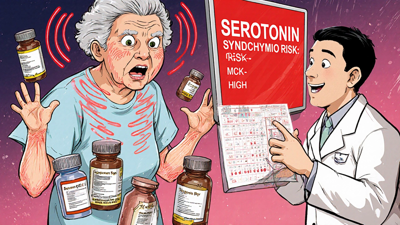 An elderly woman in a hospital shows signs of serotonin syndrome with multiple pill bottles nearby.