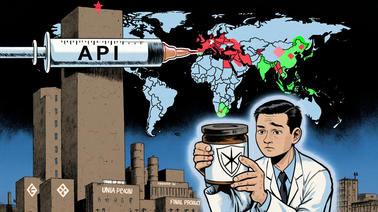 API flows from China to India, with a pharmacist holding a pill bottle marked by a cracked shield, in manhua illustration style.