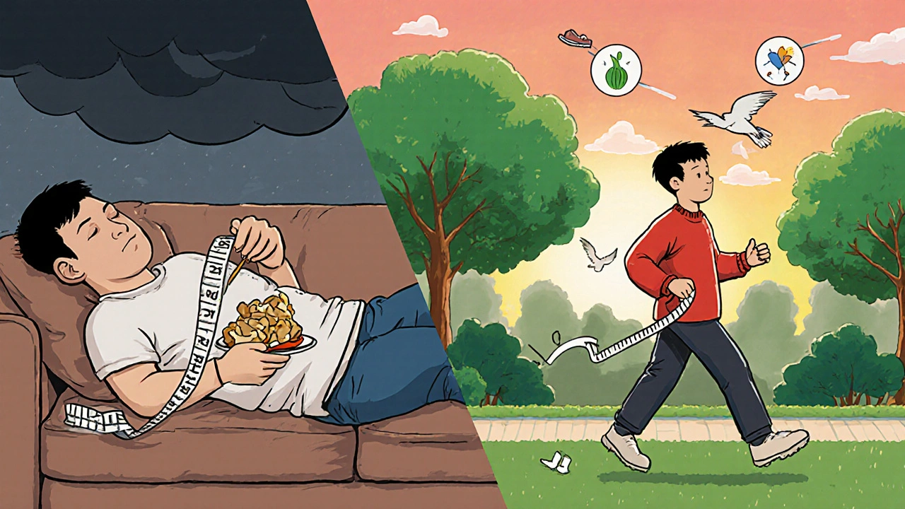 Before-and-after man: left side obese on couch, right side healthy walking in park at dawn.