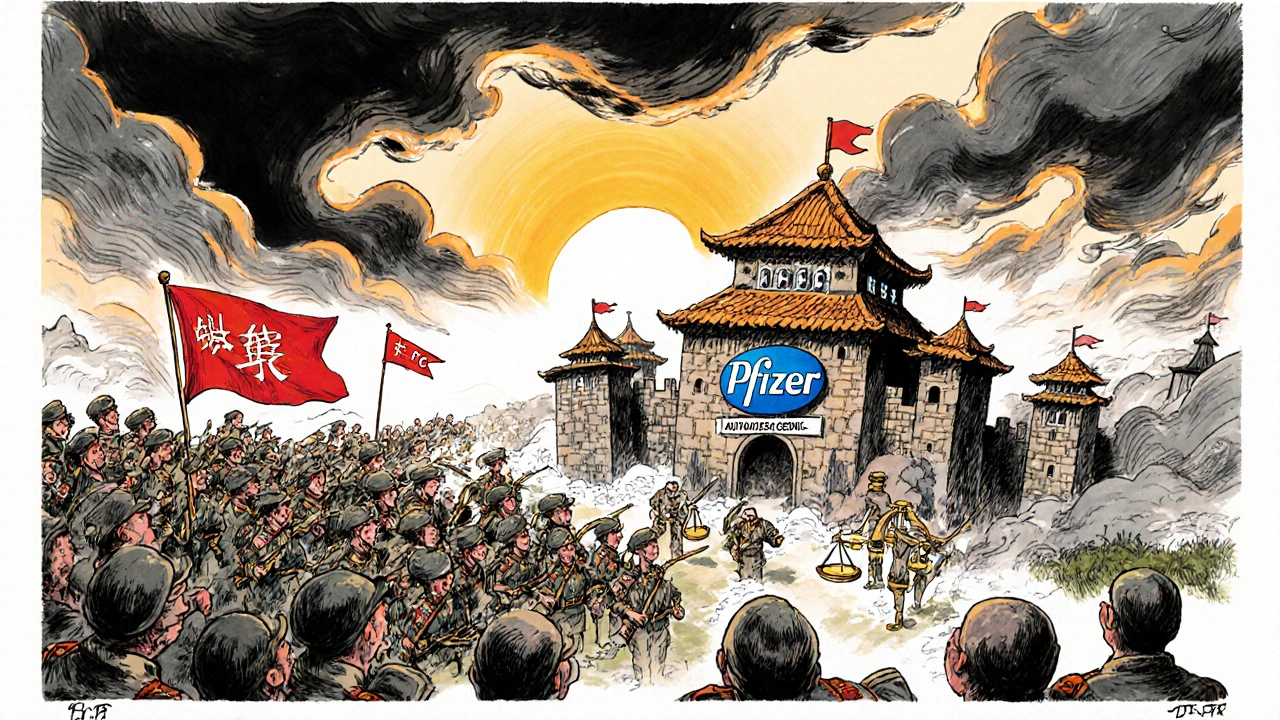 Brand-name drug castle opening a gate to send out identical generic soldiers, battlefield metaphor, in Chinese manhua style.