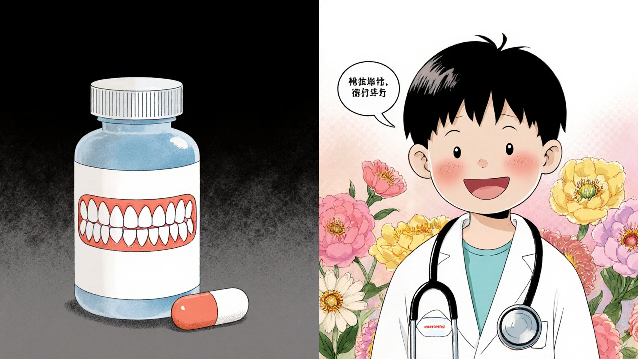 Child with stained teeth vs healthy child with amoxicillin, illustrating why tetracycline is unsafe for kids.