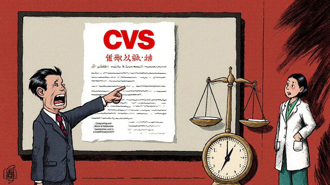 Courtroom scene with patient pointing at legal document, pharmacist beside scale balancing cost vs. safety.