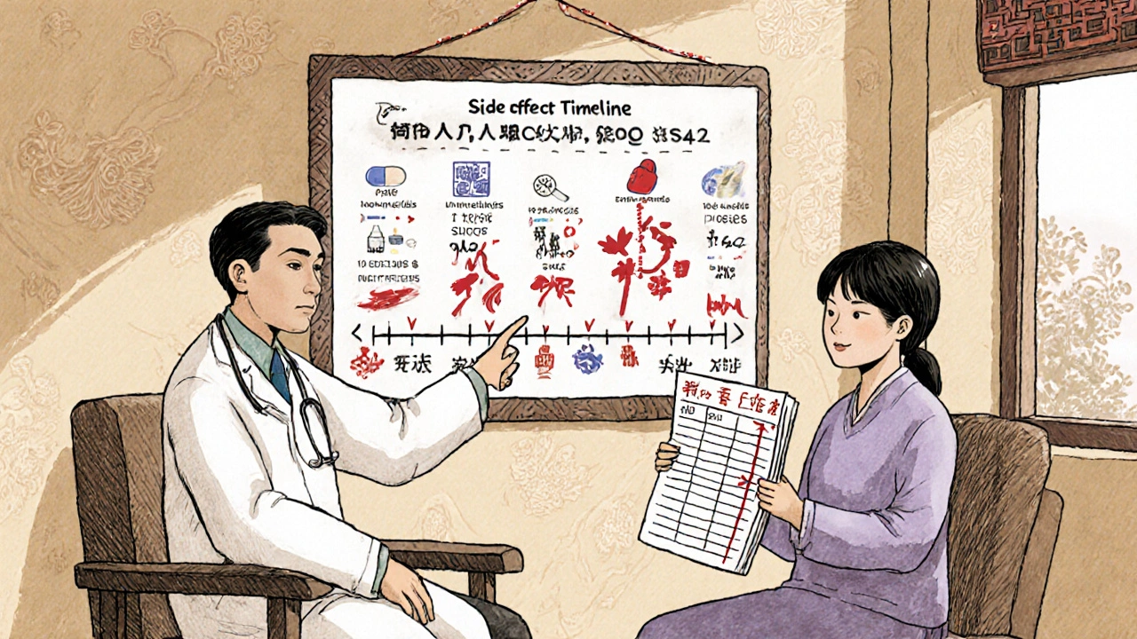 Doctor and patient reviewing a timeline chart of medication side effects with a handwritten symptom log
