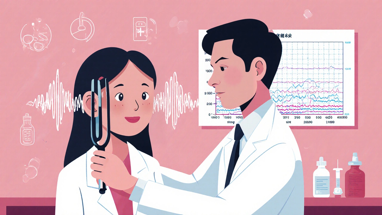 Doctor performs tuning fork test, sound waves showing imbalance between ears, audiogram visible on wall.
