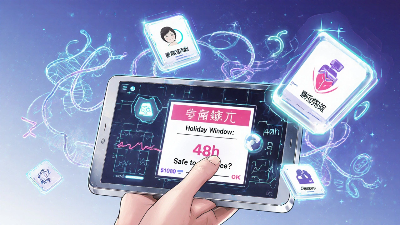 Futuristic medical interface displaying genetic and health data for a personalized drug holiday plan.