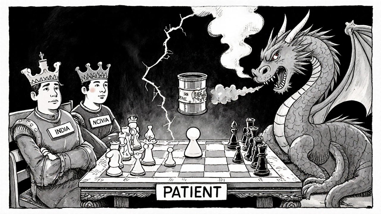 Global chess game with India as king and China as dragon, patient as pawn, in stylized Chinese manhua artwork.
