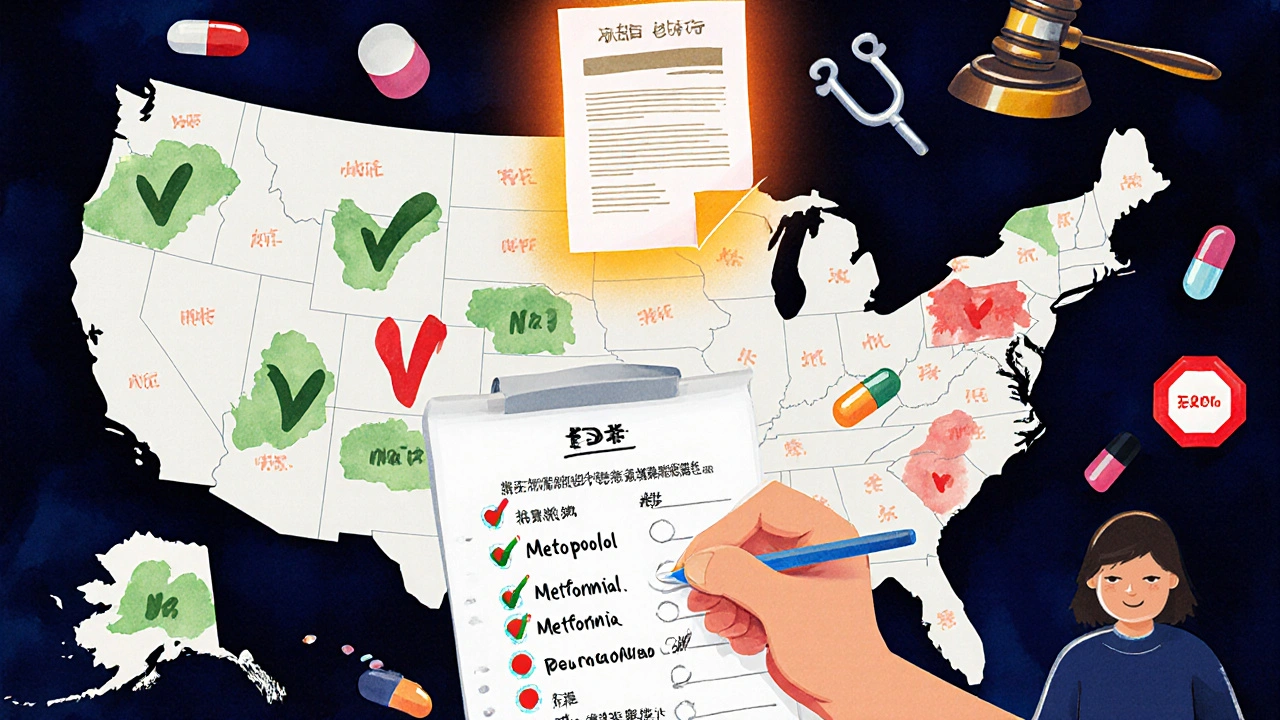 Patient holding medication list before fragmented state maps, floating pills and legal icons above.