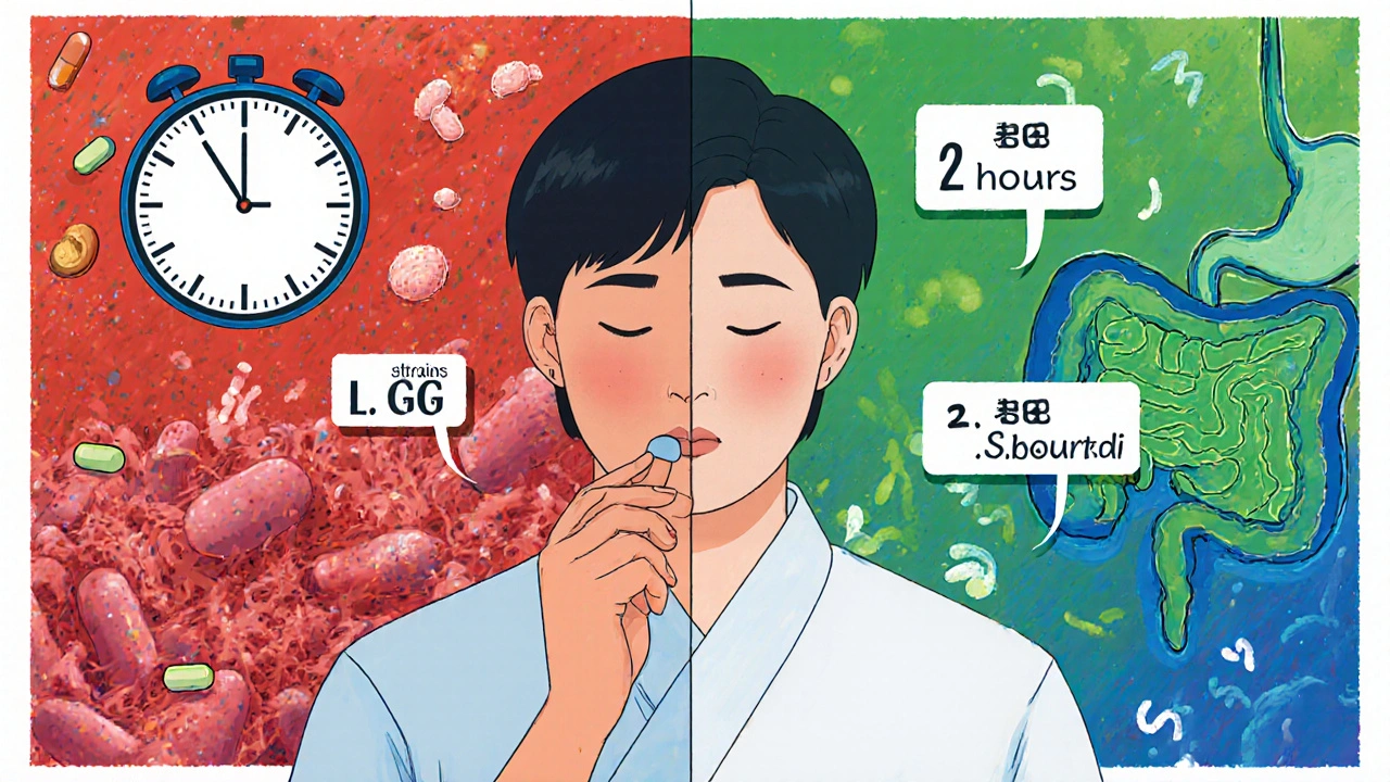 Patient taking probiotic two hours after antibiotic, with split gut scenes showing chaos and recovery.