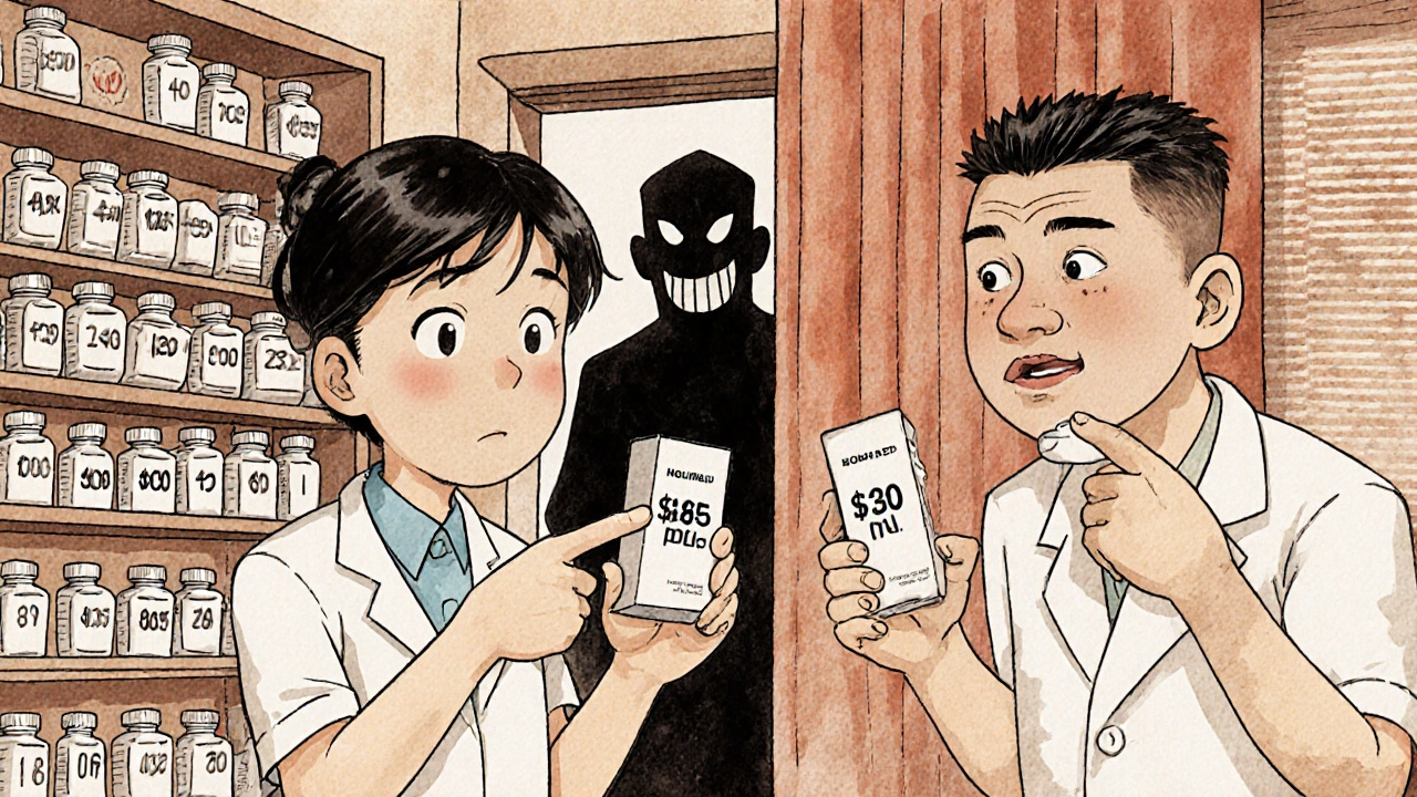 Pharmacist holding two identical pills with very different price tags, patient looking confused, in Chinese manhua style.