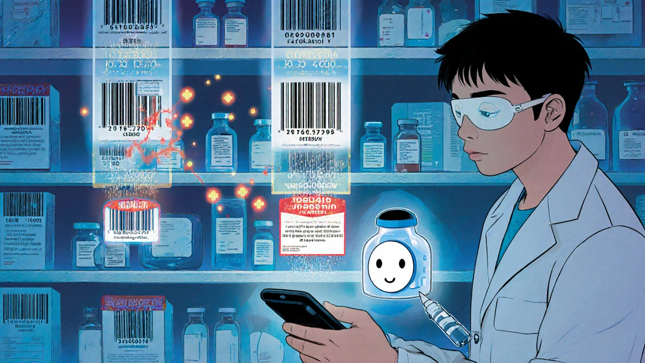Pharmacist using scanner to read holographic barcode data on ampules and insulin pens with AI assistant.