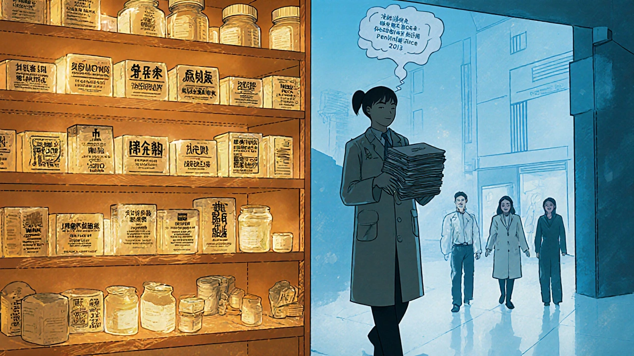 Pharmacy shelves showing brand-name drugs with updated labels versus generics with faded warnings.