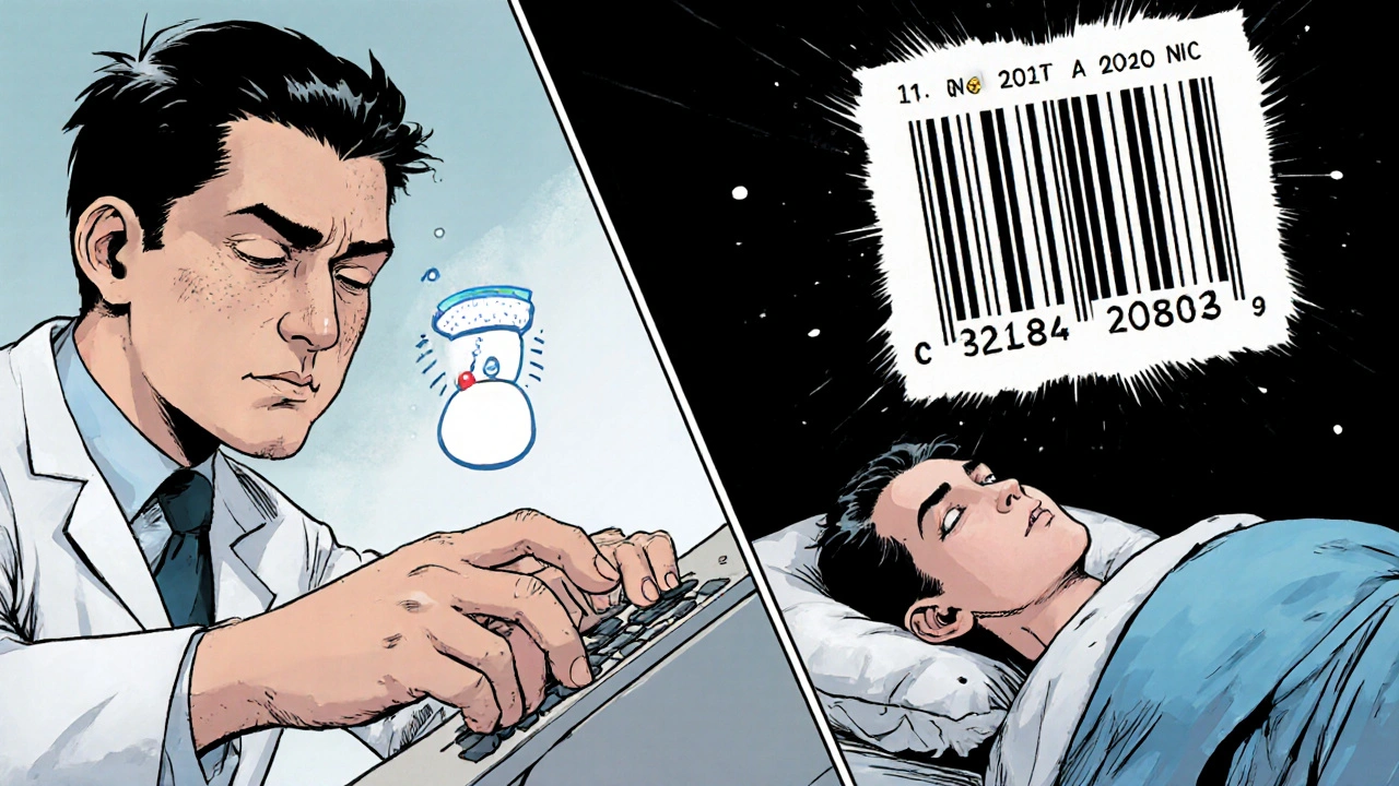 Pharmacy tech ignoring scanner alert while dangerous dosage looms over patient in split-panel illustration.