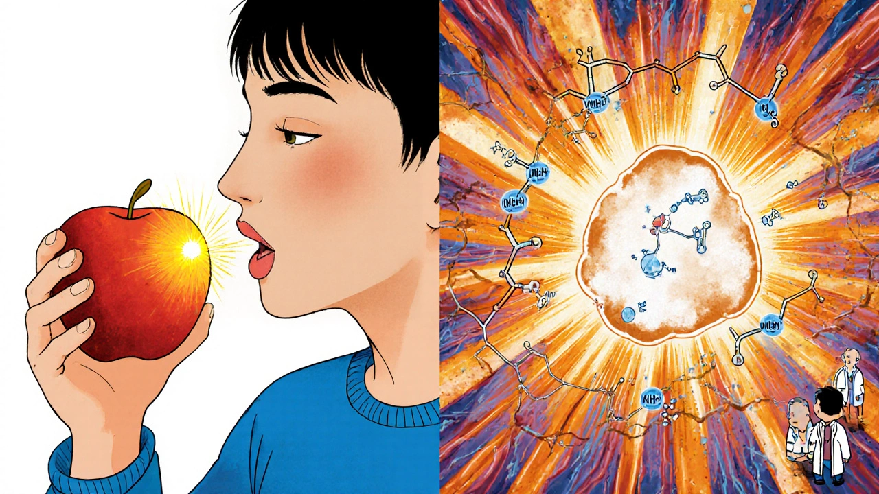 Side-by-side: eating an apple vs. taking a high-dose quercetin supplement with biochemical interference.