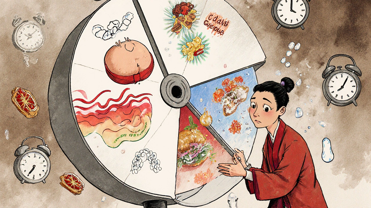 Spinning wheel showing belly fat, triglycerides, and glucose feeding each other, man trying to stop it.