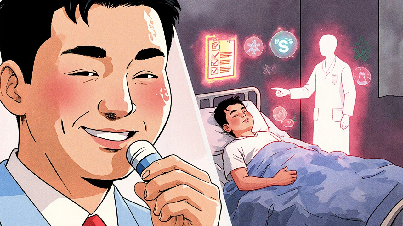 Split scene: a man taking cough syrup with SSRIs leads to collapse and medical emergency.