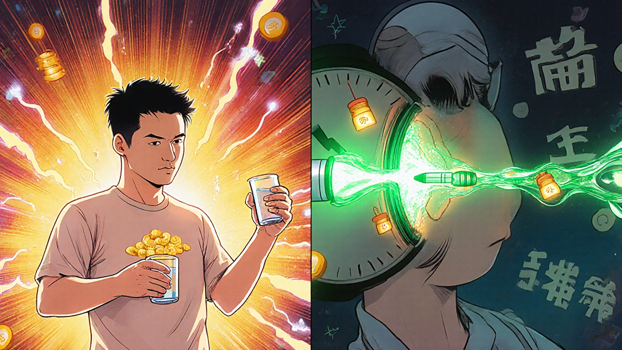 Split scene: man taking pills and receiving ear injection, sound waves and hair cells glowing as hearing returns.