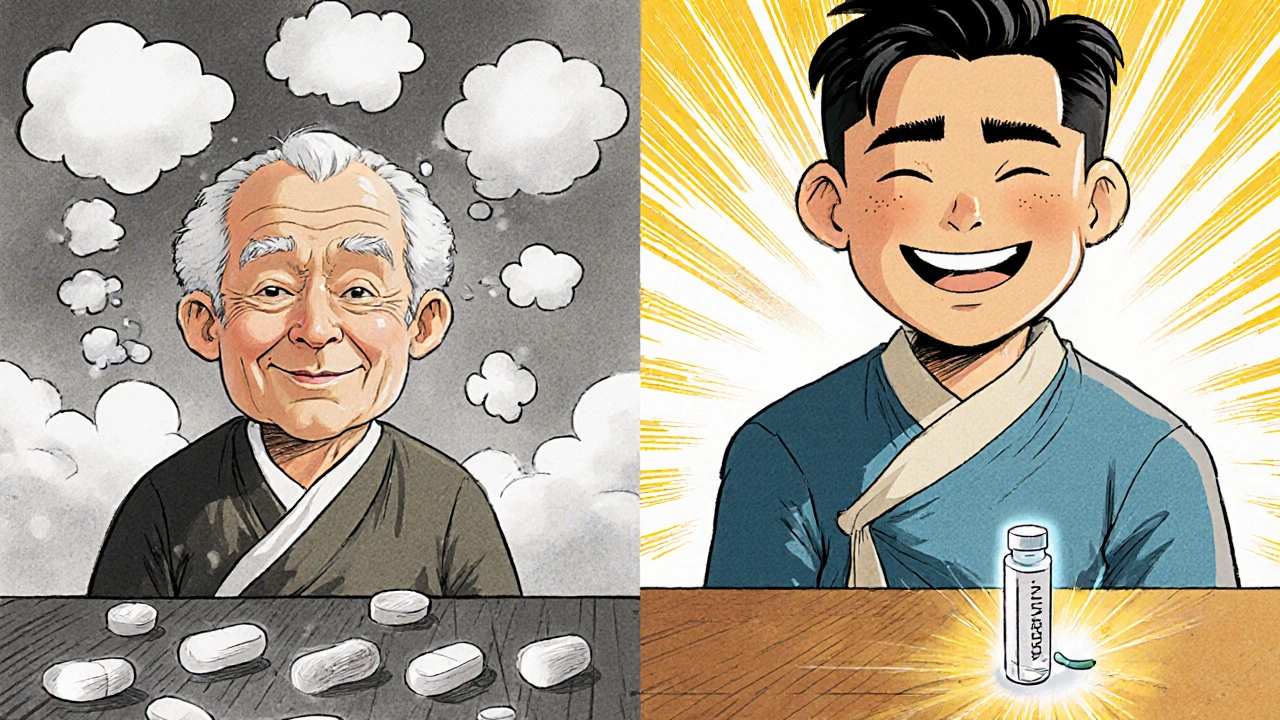 Split scene showing memory loss from medication on one side and restored clarity after stopping it on the other