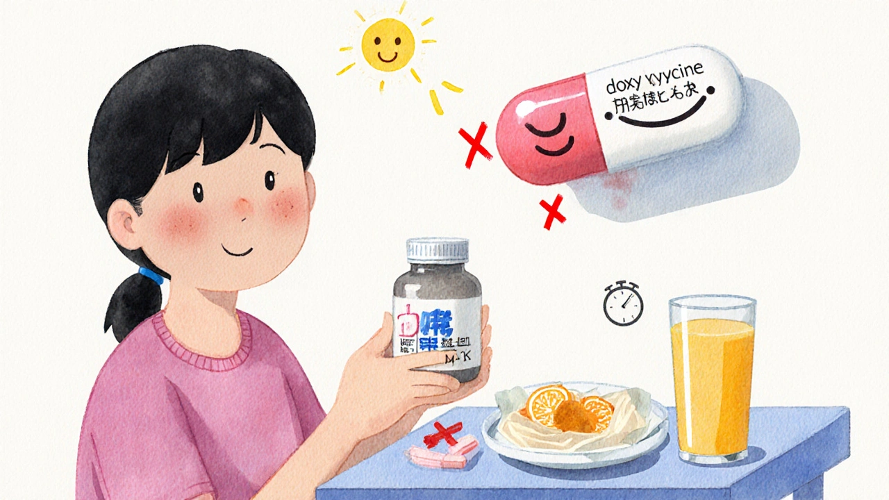 Teen with tetracycline pill and forbidden food items, contrasted with convenient doxycycline pill and sunlight.