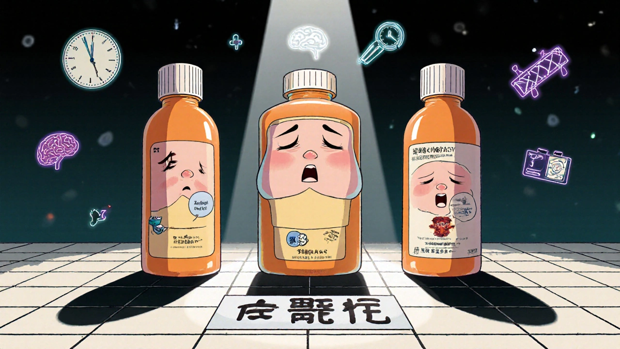Three anthropomorphic antihistamine bottles on a shelf: Benadryl sleepy, Zyrtec drowsy, Allegra alert, with medical icons floating around them.