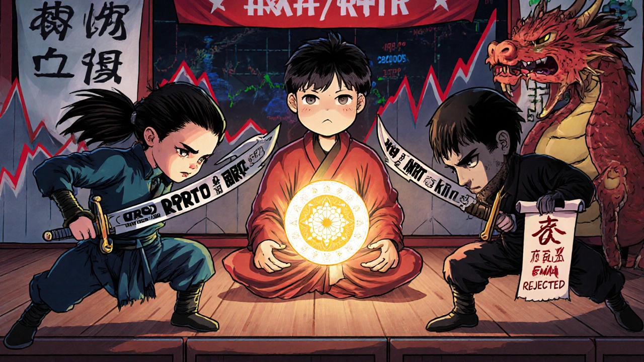 Three martial arts masters representing bioequivalence study designs in a futuristic dojo, with EMA dragon rejecting one design.