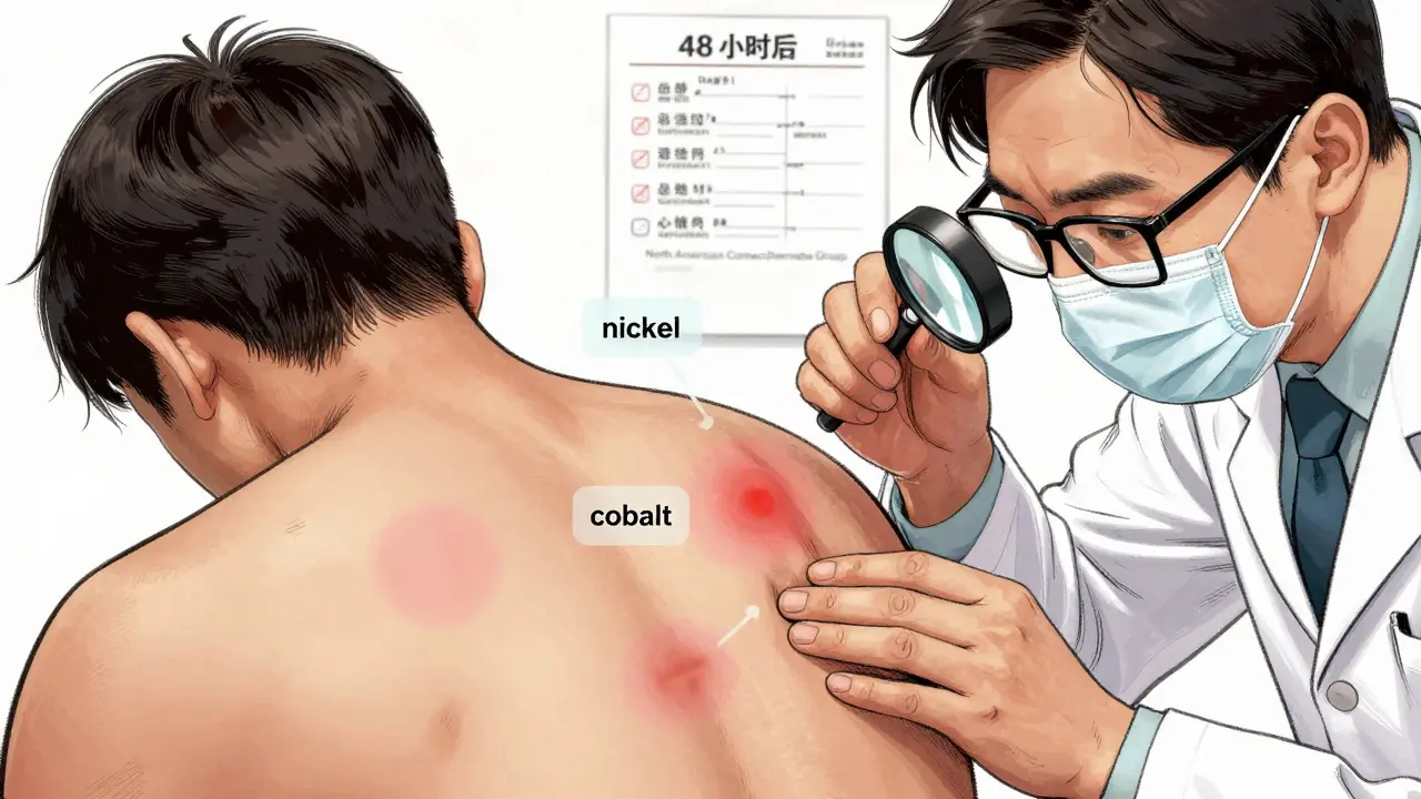 A dermatologist examining skin reactions from patch test patches, showing redness and bumps from allergens like nickel and cobalt.
