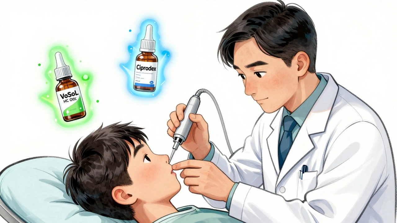 A doctor cleaning an ear canal while two medicated ear drops float nearby in manhua illustration style.