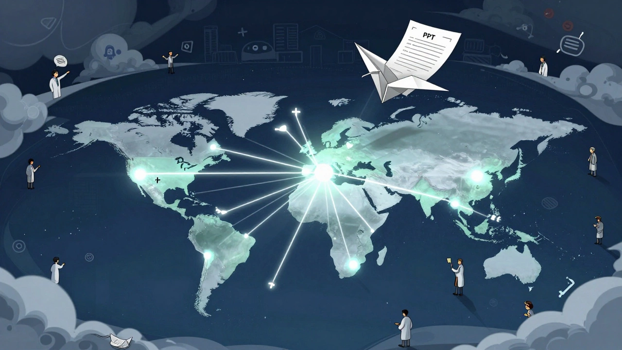 A global map with glowing patent timelines, some extended, others cut short, and a PCT document flying like a paper crane.