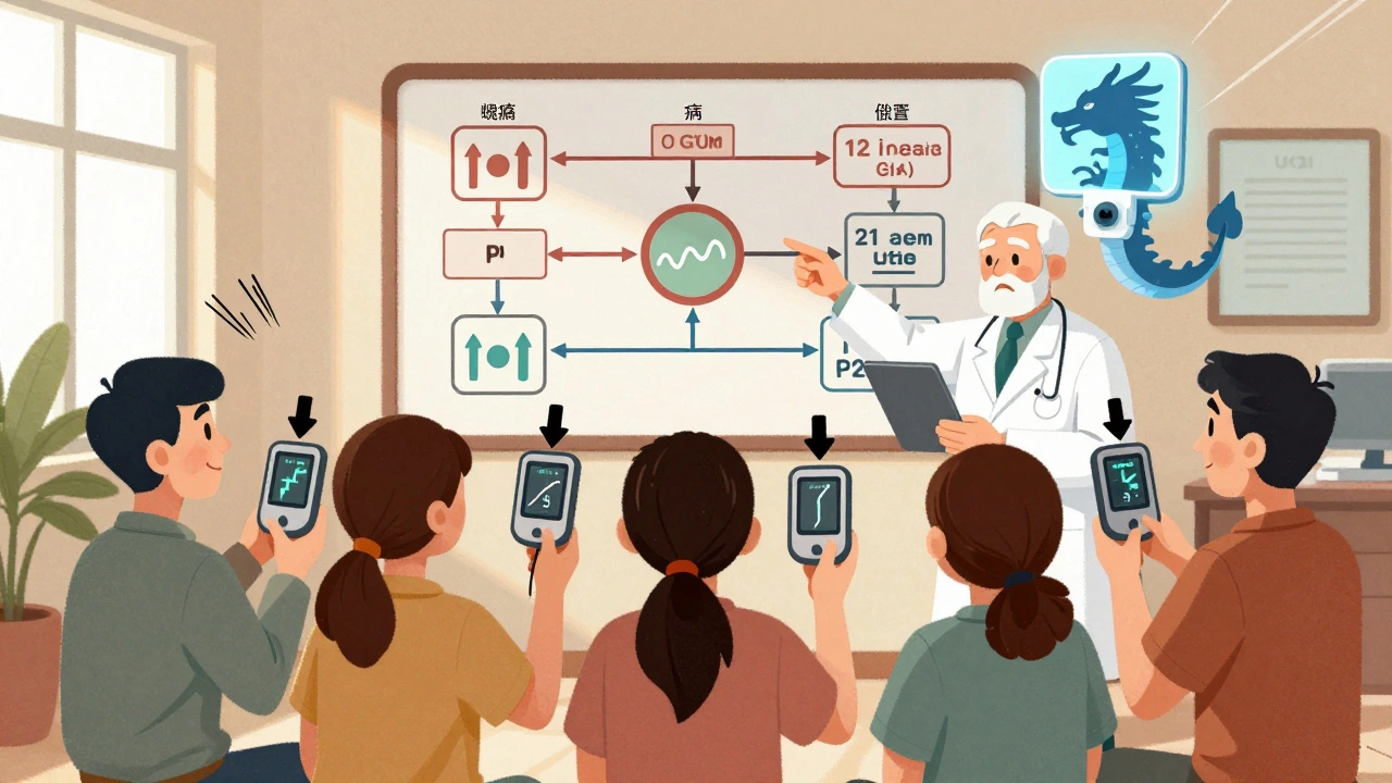 A group of patients and a doctor study CGM trend arrows on screens, with a floating digital flowchart guiding dose adjustments.