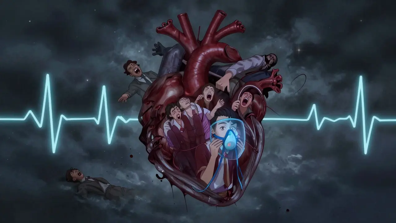 A heart under attack by apnea shadows, with chaotic ECG lines and a CPAP mask glowing as a protective force.