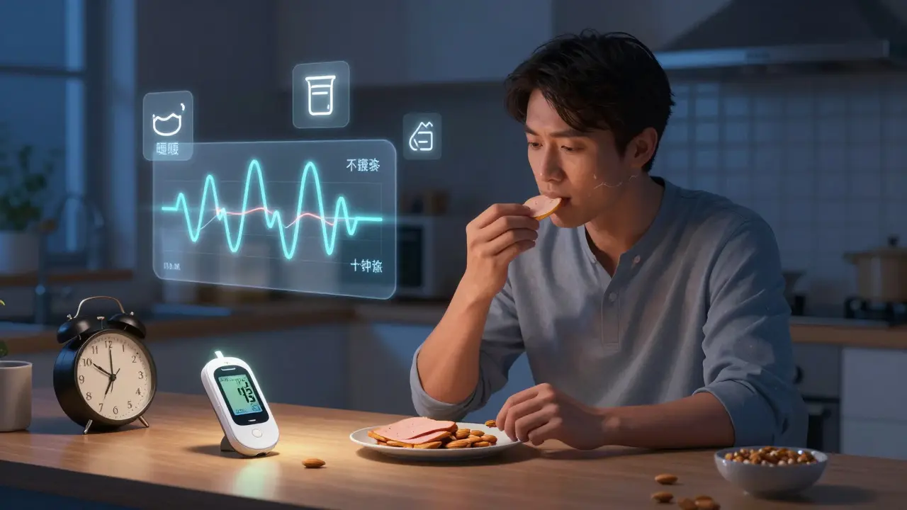 A man eats a healthy bedtime snack as his CGM shows stable glucose, with glowing insulin and sleep symbols.