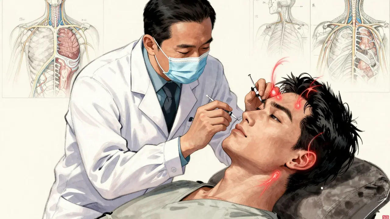A neurologist giving precise Botox injections to a patient’s head and neck, with CGRP energy waves visible.