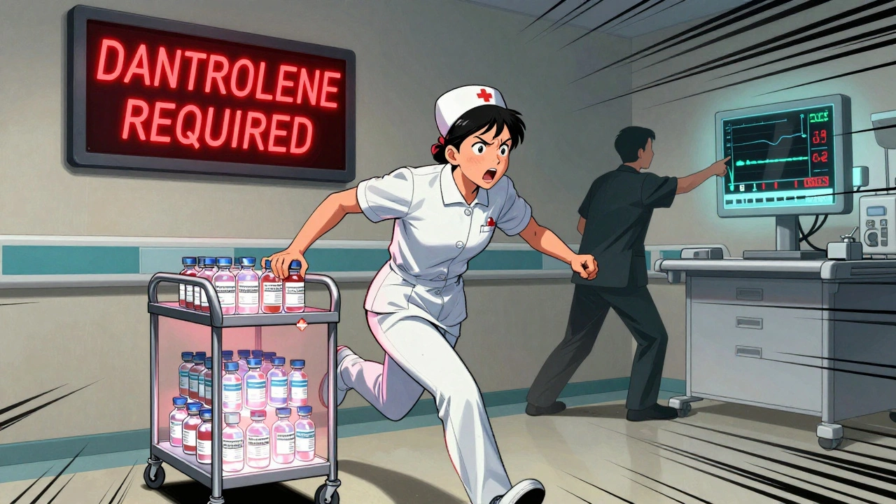 A nurse races with an MH emergency cart down a hospital hallway as critical vital signs flash on a monitor.