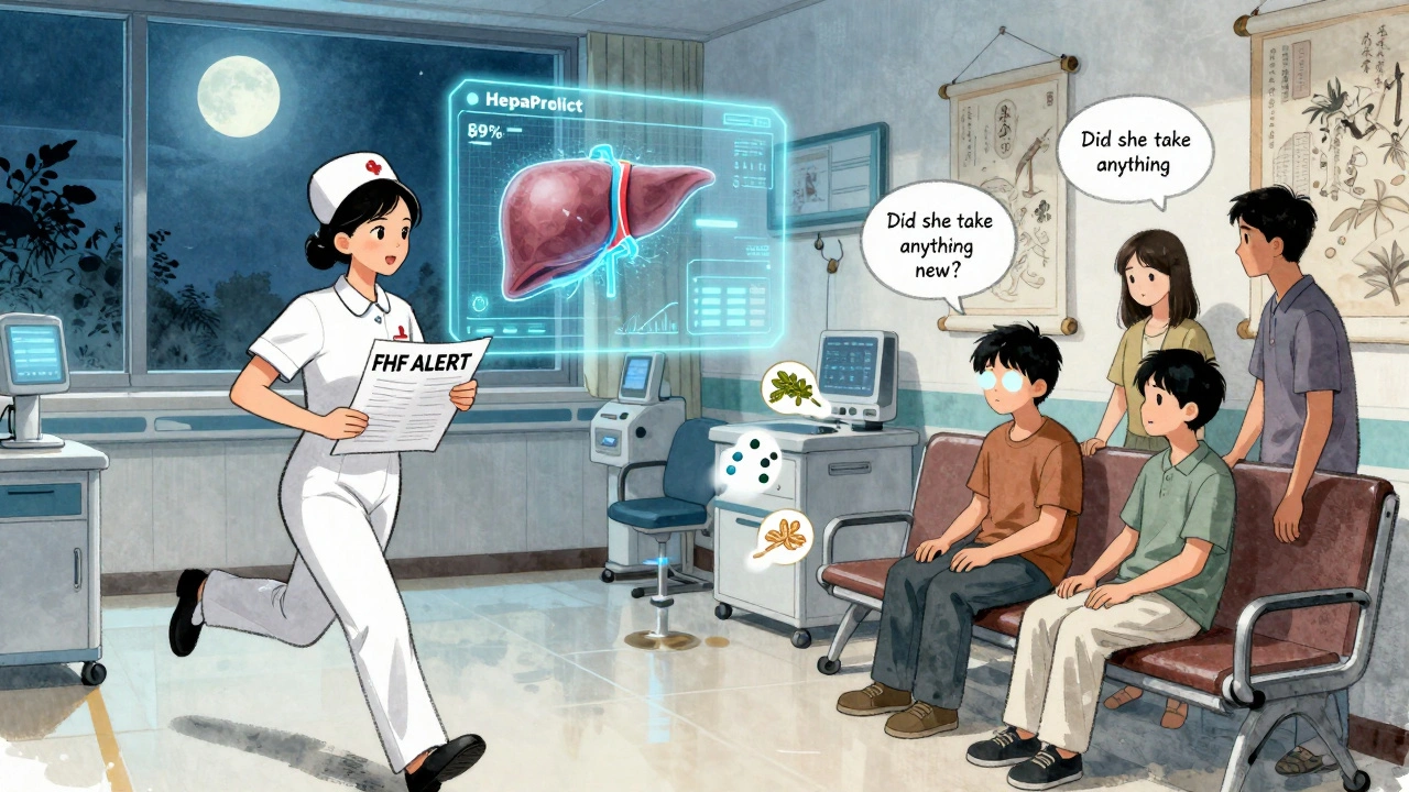 A nurse rushes with an FHF alert as an AI liver predictor glows beside a confused patient, ghostly supplement icons floating in the corridor.