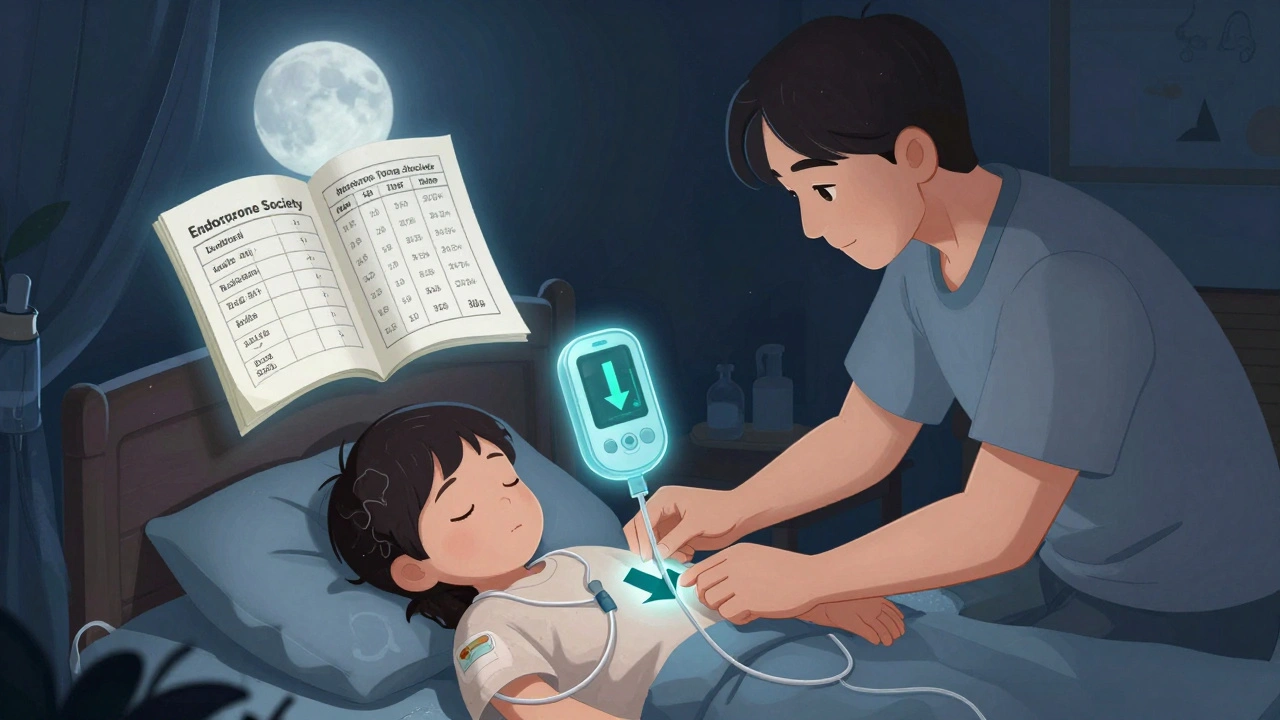 A parent adjusts a child&#039;s insulin pump at night as a CGM displays falling glucose arrows above their arm.