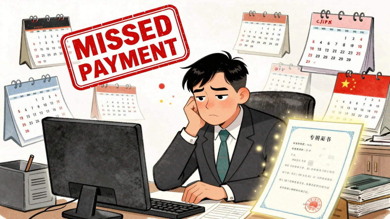 A patent attorney surrounded by floating calendars showing different maintenance fee deadlines across countries.