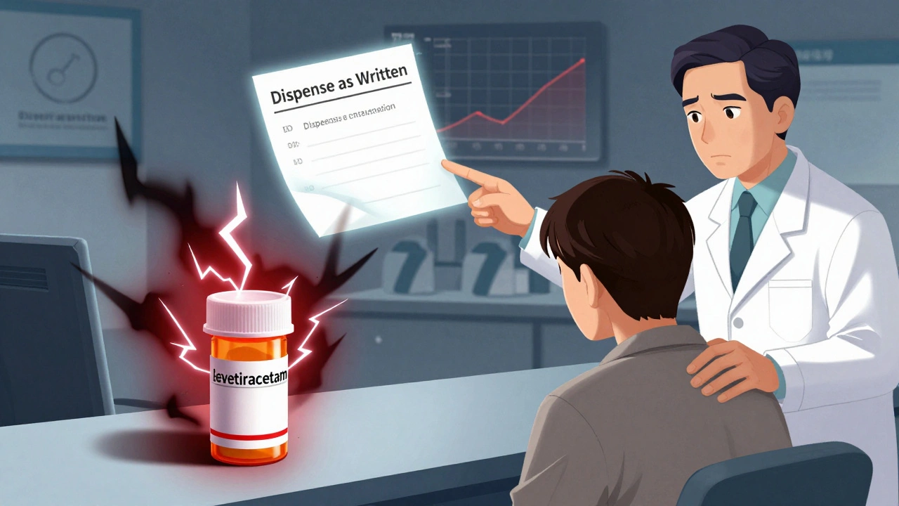 A patient concerned about seizure risk from switching generics, with a doctor advising to &#039;dispense as written&#039;.