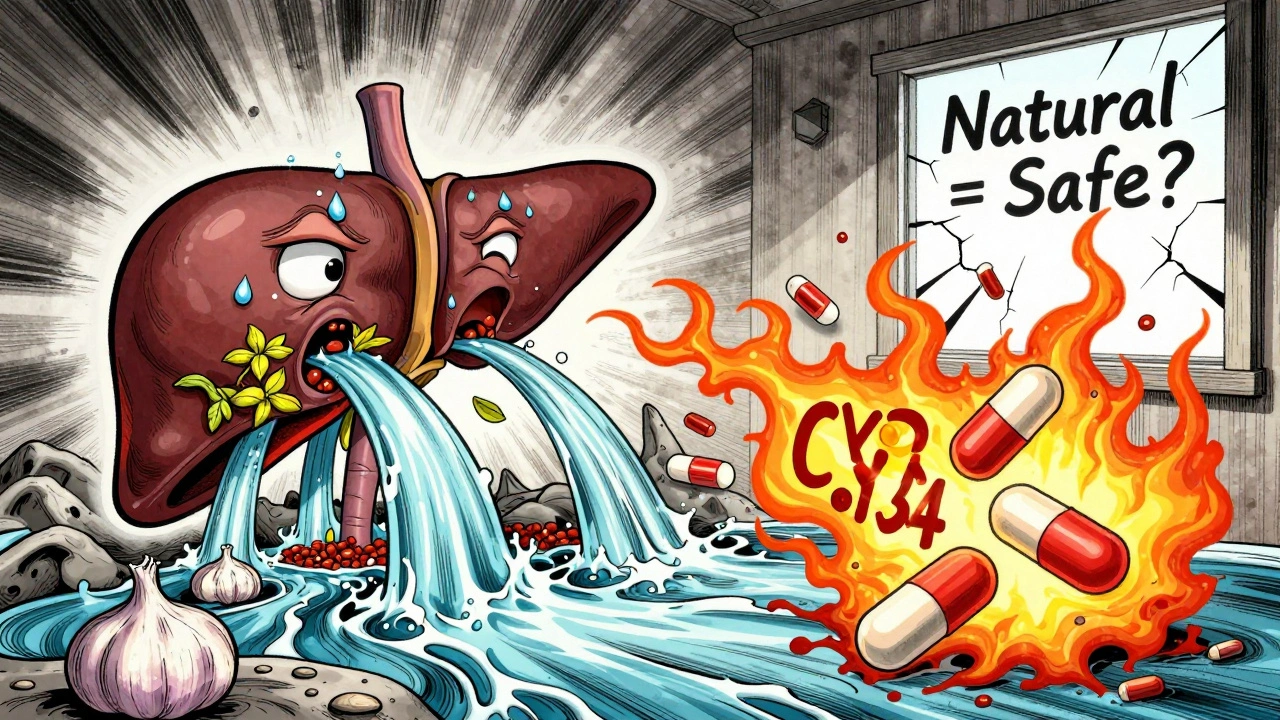 A personified liver overwhelmed by toxic supplements like St. John’s wort and garlic, with pills burning away.