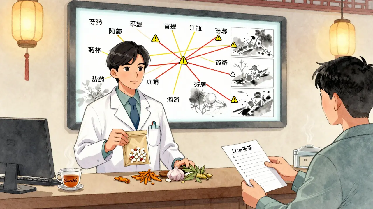A pharmacist reviews a bag of pills and supplements with a patient, digital interaction map glowing behind them.