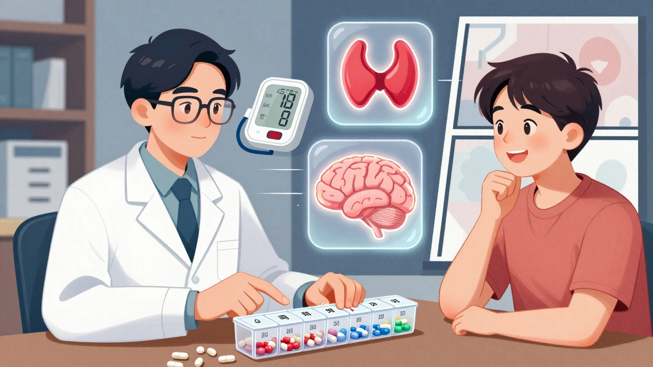 A pharmacist shows a patient a pill organizer with generic meds, symbols of health glowing nearby.