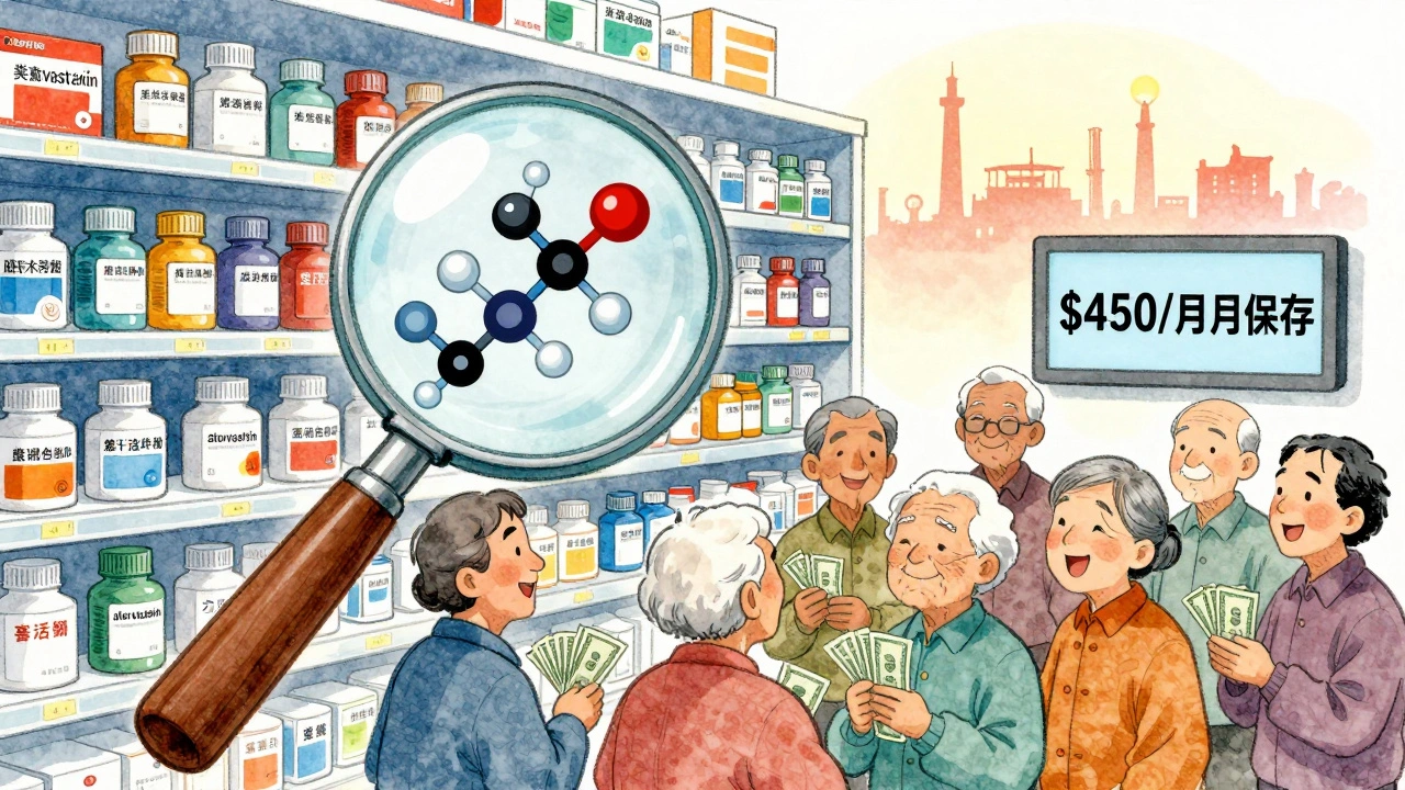 A pharmacy shelf with colorful generic drugs and a magnifying glass revealing identical molecular structure to brand-name.