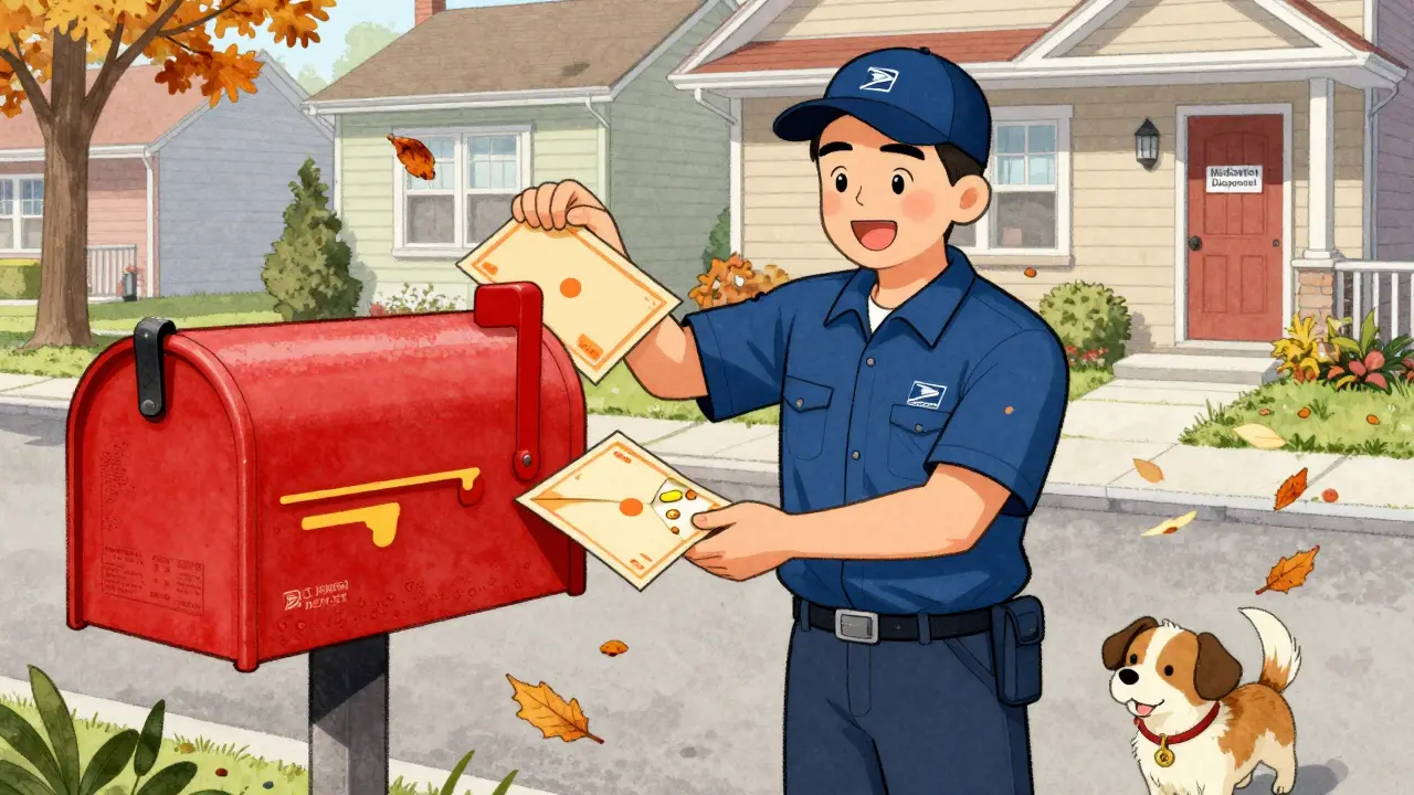 A postal worker dropping sealed medication envelopes into a mailbox.
