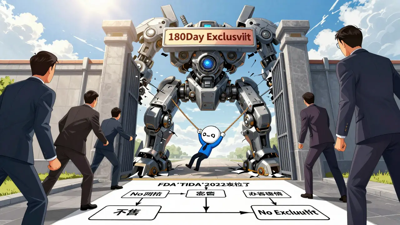 A small generic hero breaks open a locked exclusivity gate as reform sunlight shines through.