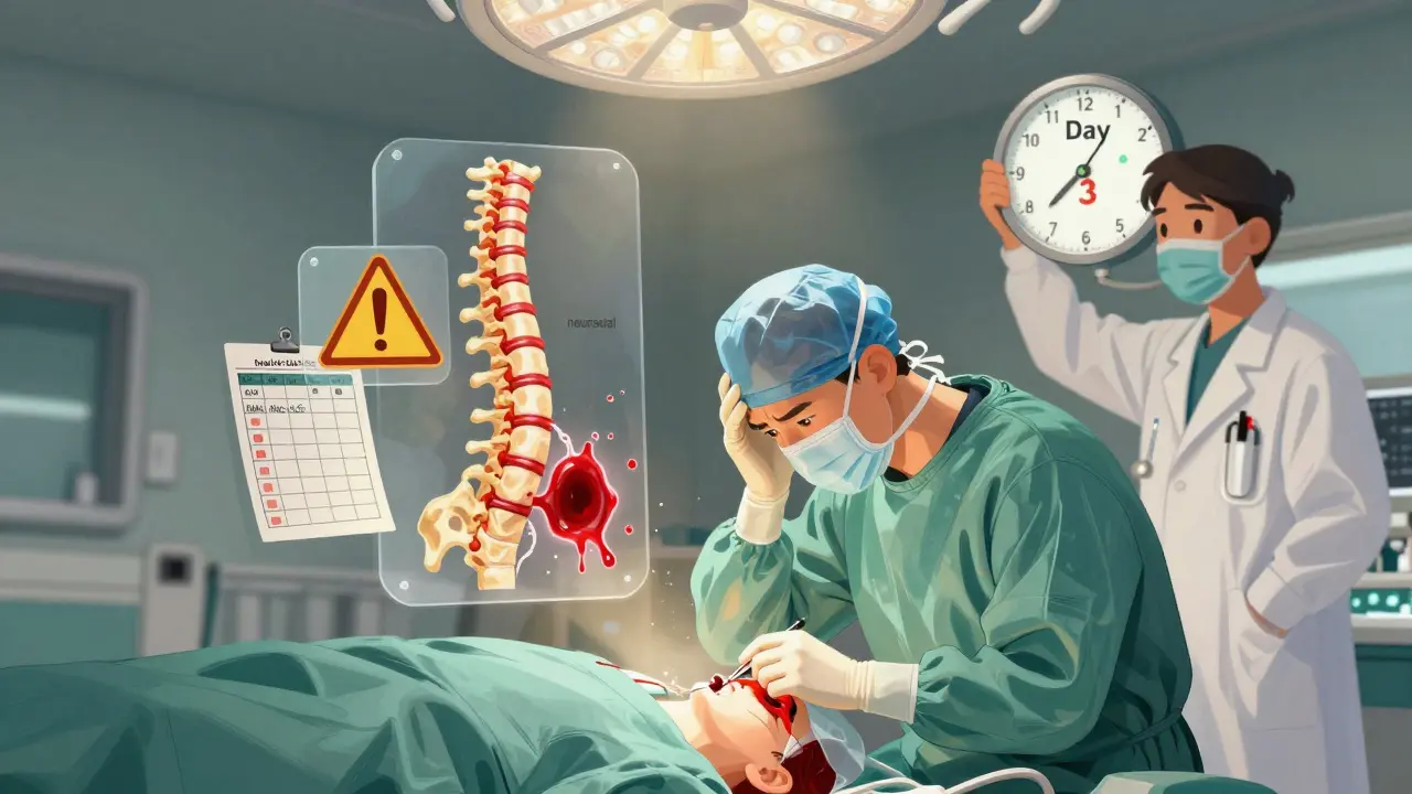 A surgeon prepares for surgery while floating icons show spinal risk and clot warnings.