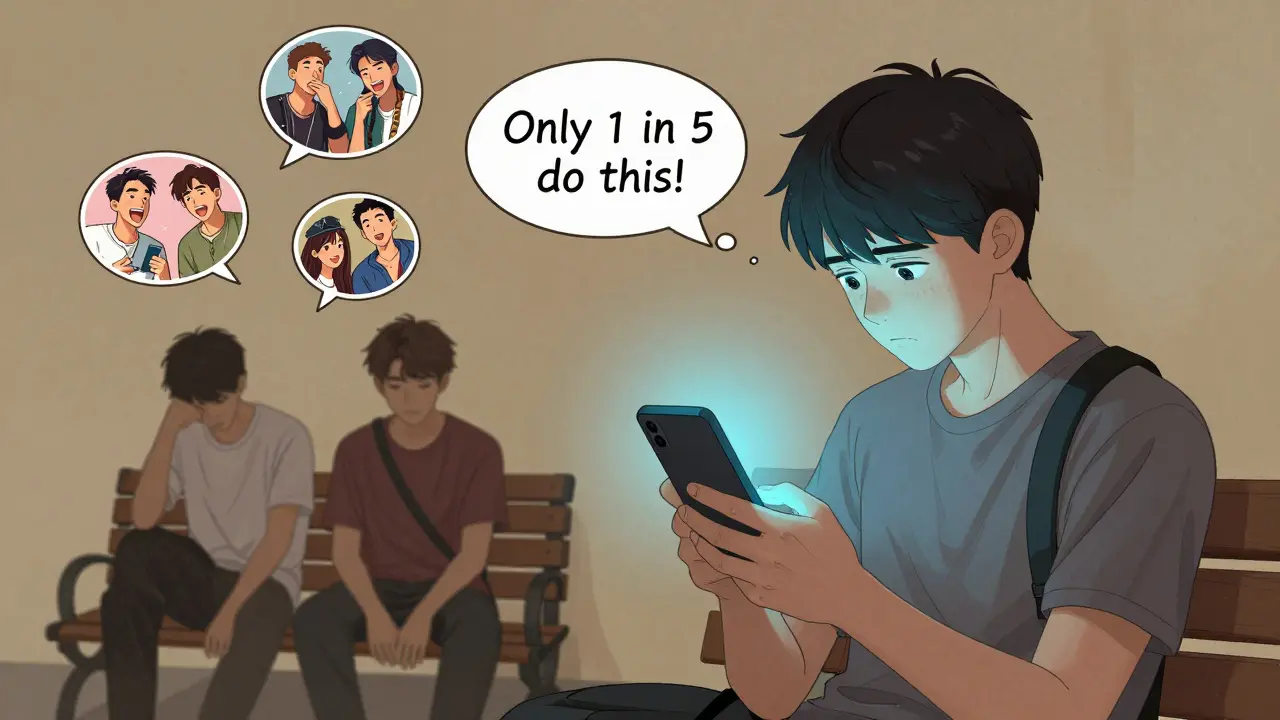 A teen scrolling on a phone showing idealized peer lives, while sitting alone in a quiet, dimly lit space.