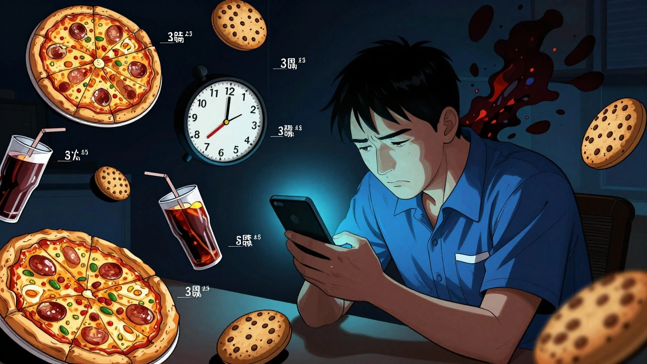 A tired night shift worker surrounded by floating junk food, their body clock spinning wildly under blue phone light.