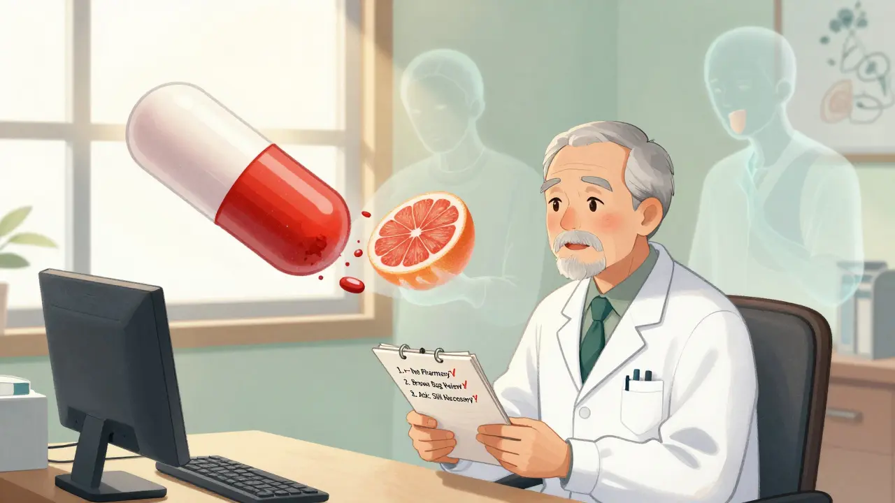 An elderly man sits with his doctor, holding a safety checklist as dangerous drug ghosts fade away in sunlight.