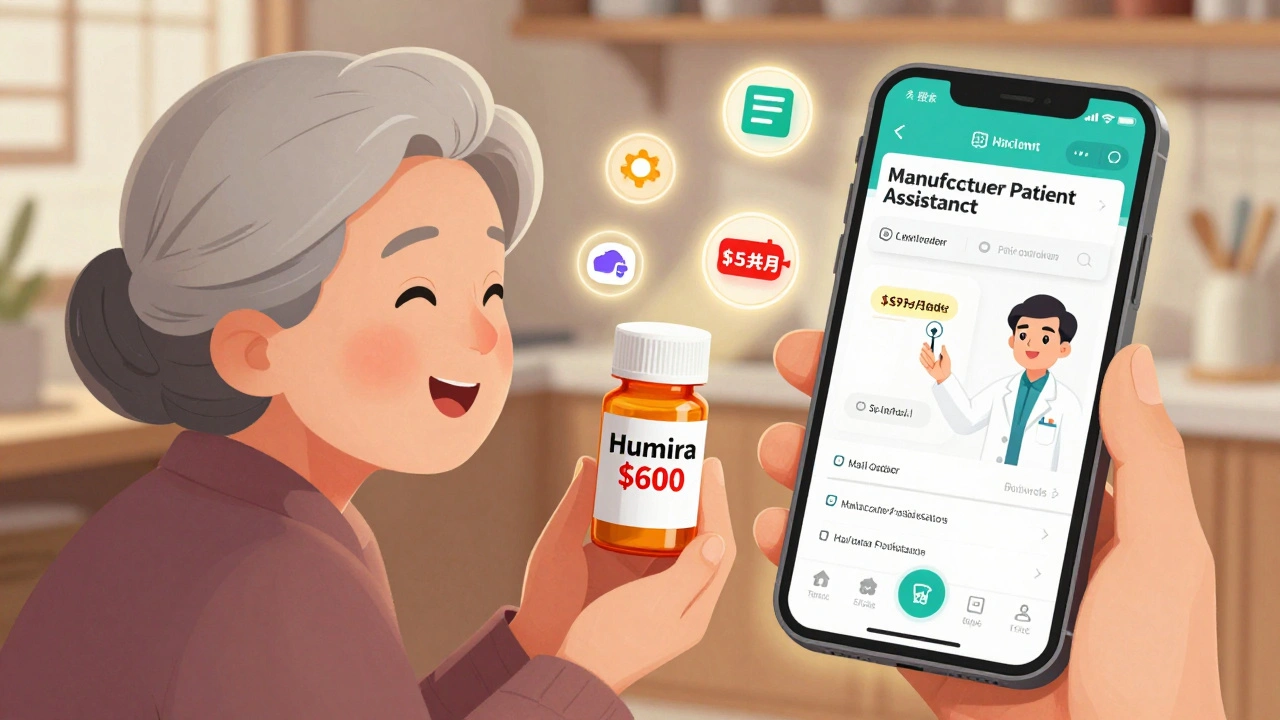 An elderly woman using a smartphone to apply for a drug assistance program, with helpful icons floating around her.