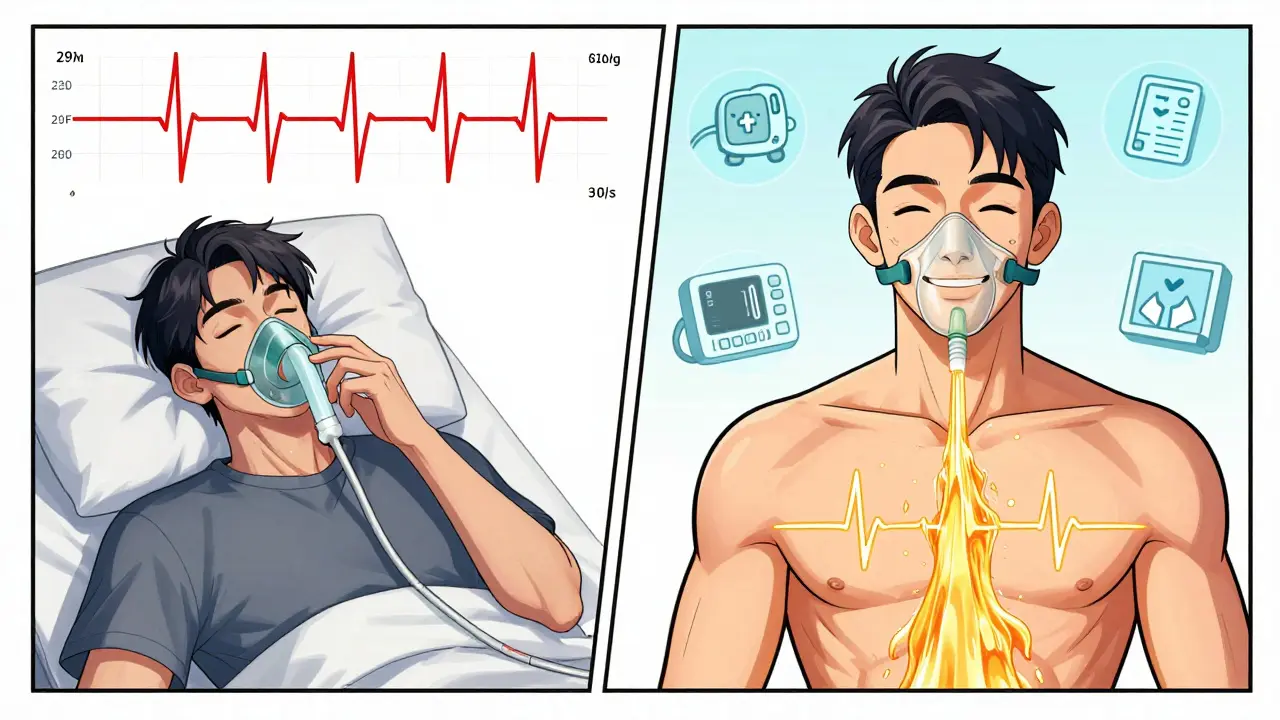 Before and after contrast: exhausted man with rising blood pressure vs. healthy man with steady heartbeat and oxygen flow.