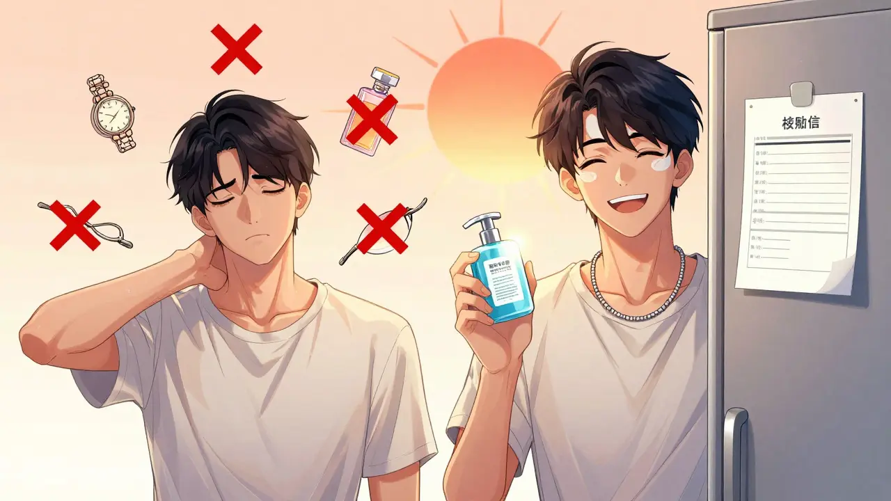 Before and after scene: a person with skin rash surrounded by allergens, then happy and free of reactions with safe products.